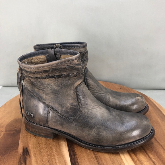 Bed Stu Craven Distressed Leather Ankle Boots Fringe Side Zip Gray Womens 8 - Picture 1 of 8